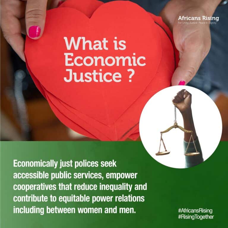 Red paper heart being held by hands with the bold white text 'What is Economic Justice?' and Africans Rising branding on a green gradient background.