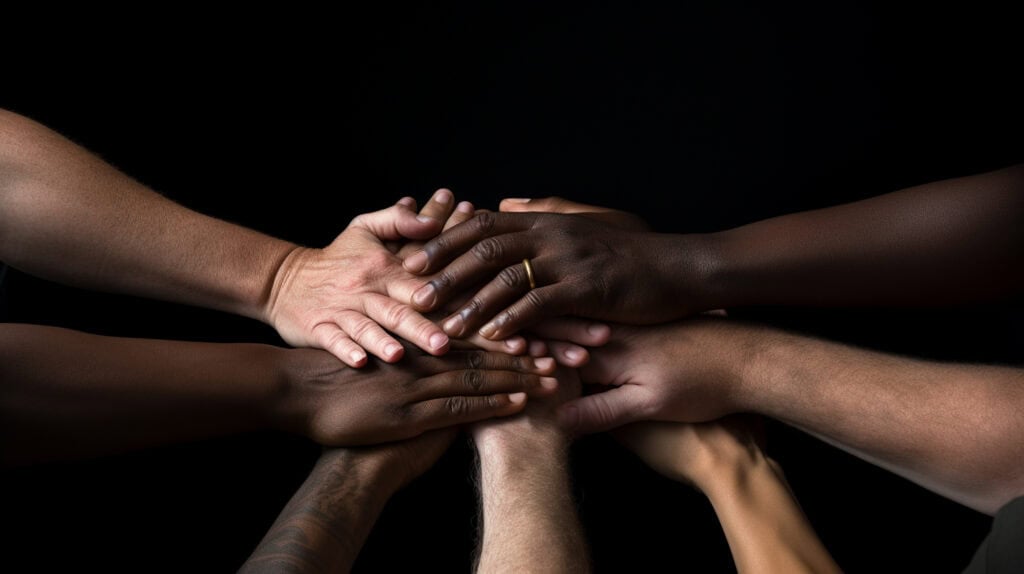 Diverse hands stacked together in the center, symbolizing unity and teamwork against a dark background.