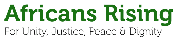 Banner reading 'Africans Rising' in bold green, with subtitle 'For Unity, Justice, Peace & Dignity' in black on white background.