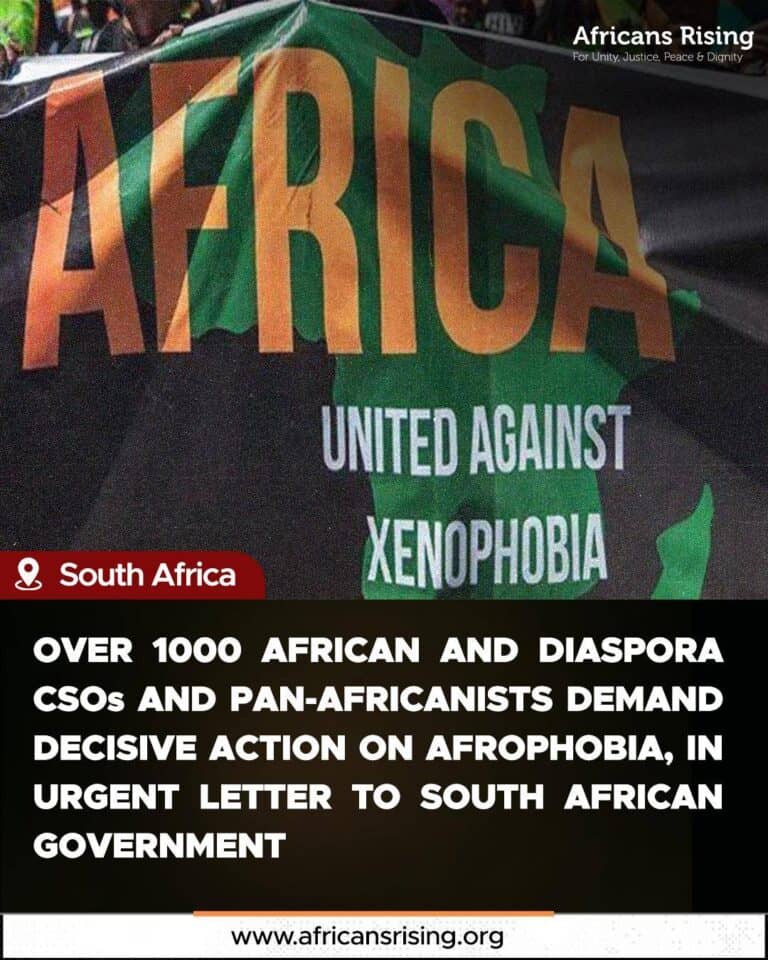 Africans Rising banner with bold orange 'AFRICA' over a green map, reading 'UNITED AGAINST XENOPHOBIA' and a strong action message by African CSOs; South Africa tag visible.