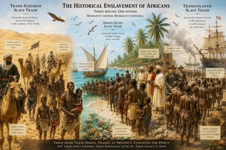 Historical collage titled The Historical Enslavement of Africans showing enslaved Africans gathered on a shore, ships at sea, desert caravans, and traders from Africa, Arabia, and Europe.