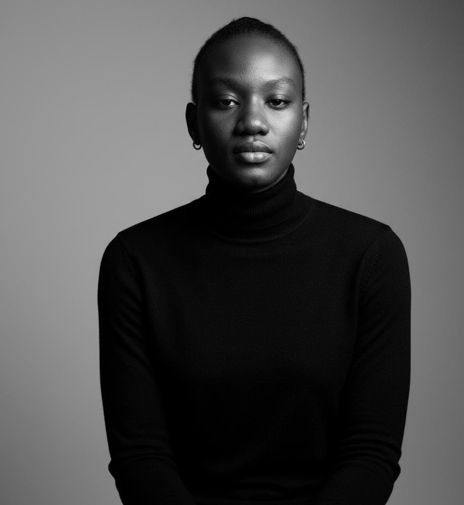 Black-and-white portrait of a person with short hair wearing a black turtleneck, looking at the camera against a plain gray background.
