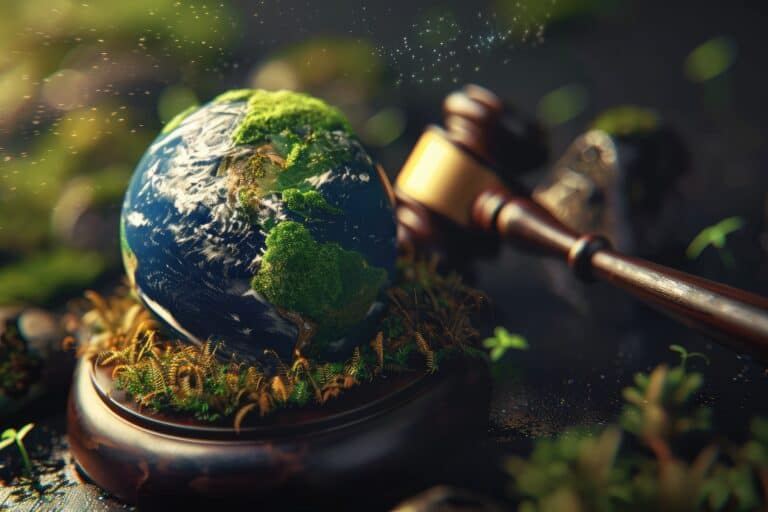 Globe covered in moss and plants resting on a violin bow, symbolizing nature and music.