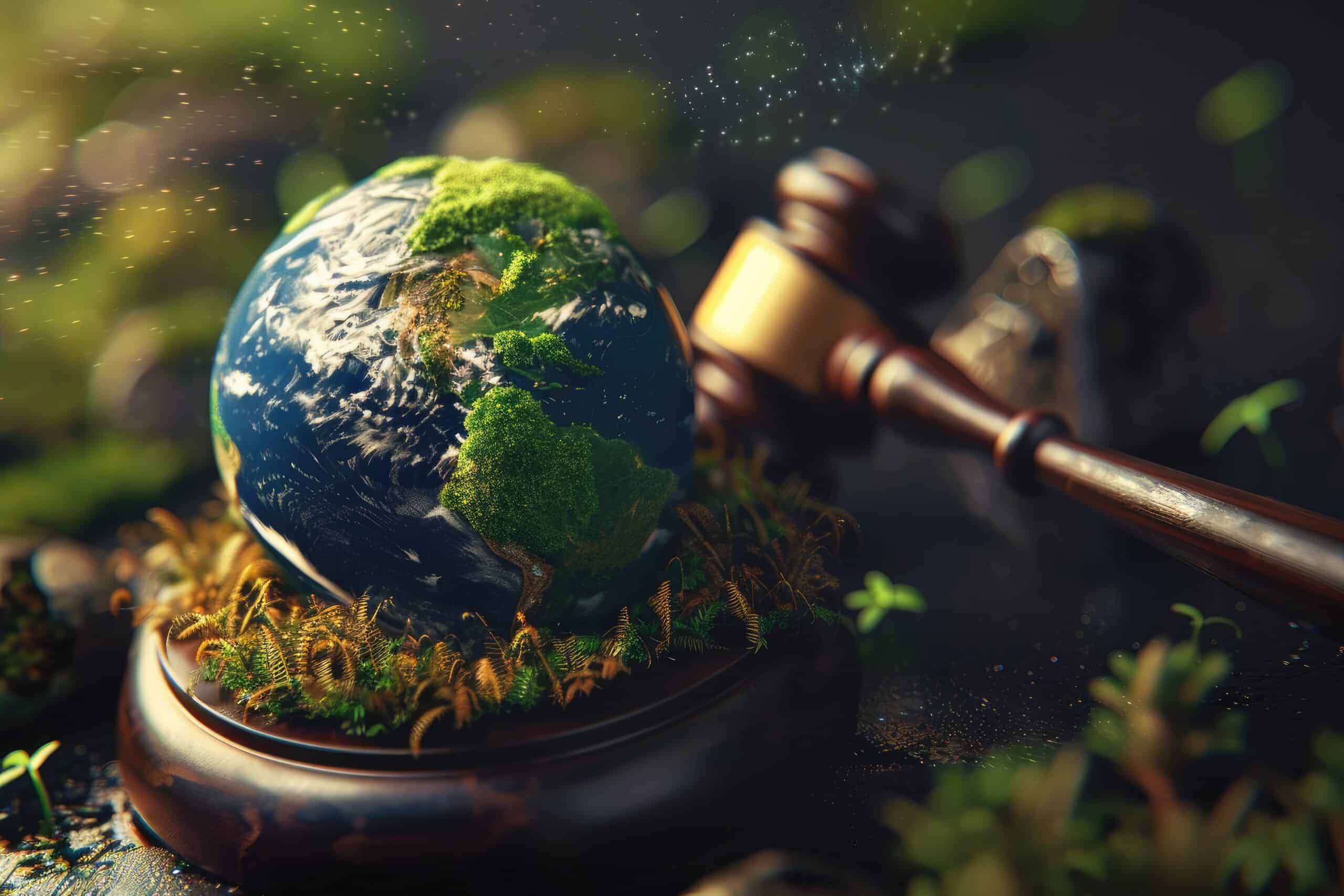 gavel-green-earth-globe-international-law-green-energy-concept - Africans Rising - Africans Rising Globe covered in moss and plants resting on a violin bow, symbolizing nature and music.